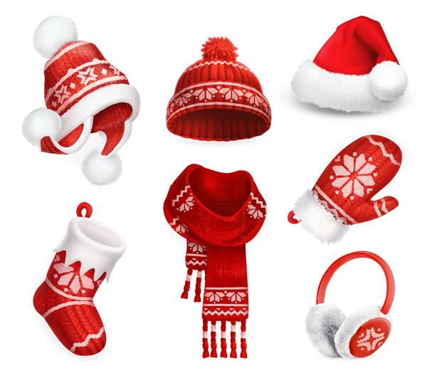 لباس های زمستانی کلاه جوراب ساق بلند بابا نوئل کلاه بافتنی جوراب کریسمس روسری دستکش گوش بند نماد وکتور سه بعدی