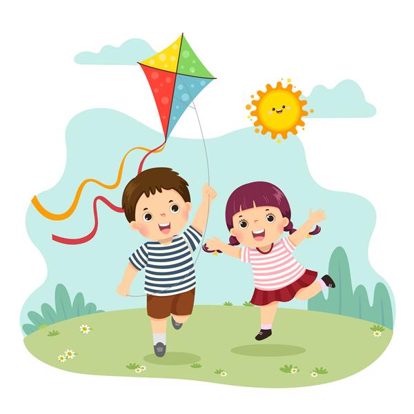کارتون تصویری پسر و دختر کوچک در حال پرواز بادبادک خواهر و برادر با هم بازی می کنند