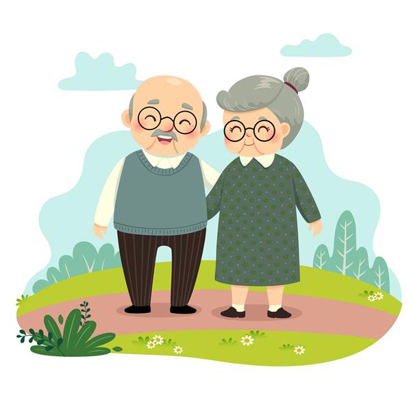 کارتون تصویری از زوج سالخورده ایستاده و دست در دست در پارک مفهوم روز پدربزرگ و مادربزرگ مبارک