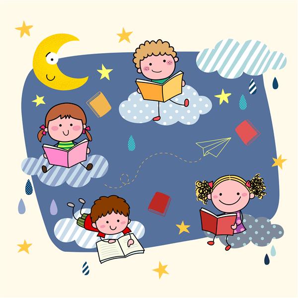 تصویر بچه های کارتونی دستی که در شب روی ابرها کتاب می خوانند