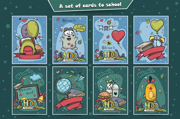 مجموعه بزرگی از کارت‌های رنگی با ابله به مدرسه