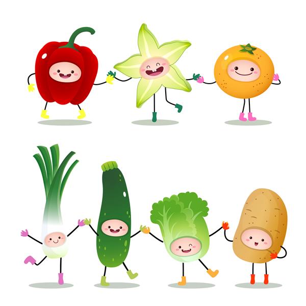 مجموعه ای از میوه ها و سبزیجات کارتونی