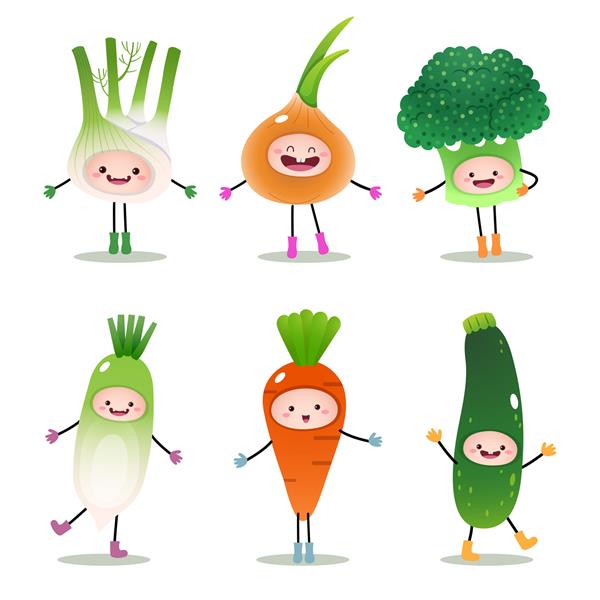 مجموعه ای از سبزیجات کارتونی جدا شده روی سفید