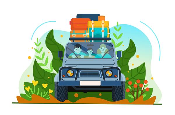 ماشین suv خانواده ای که با یک ماشین با چمدان های زیادی سفر می کنند