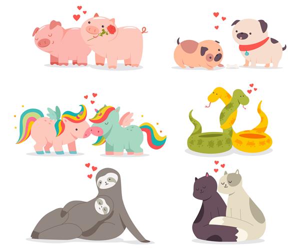 تصویر مفهومی روز ولنتاین با مجموعه شخصیت های کارتونی حیوانات زیبا