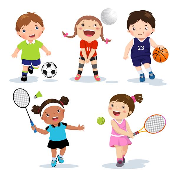 بچه های ورزشی مختلف جدا شده روی سفید