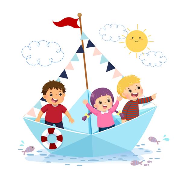 کارتون تصویری از بچه های شاد شناور روی قایق کاغذی روی آب