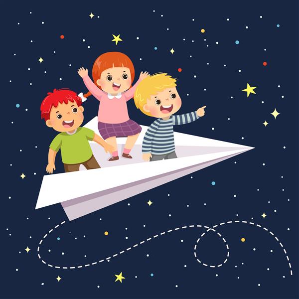 کارتون تصویری از سه کودک شاد که در هواپیمای کاغذی در آسمان پرستاره در شب پرواز می کنند