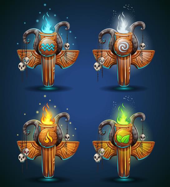 مجموعه توتم های شمن - نمادهای چهار عنصر شخصیت های قبیله قبیله سبک کارتونی