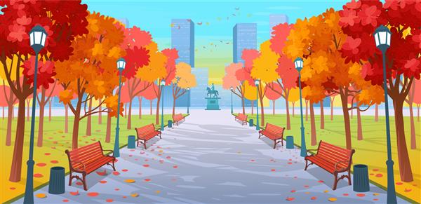 جاده پانوراما از میان پارک پاییزی با نیمکت‌ها درختان فانوس‌ها و بنای یادبود تصویر برداری از پاییز در یک خیابان شهر به سبک کارتونی