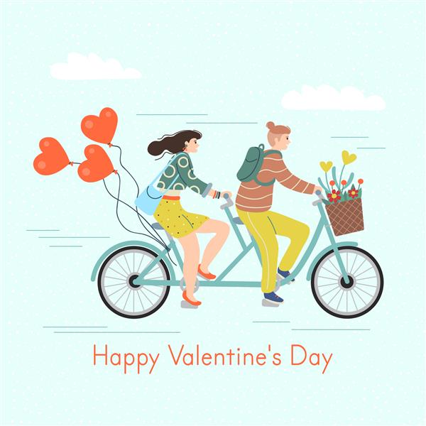روز ولنتاین مبارک زن و مرد دوچرخه سواری پشت سر هم تصویر برداری زیبا به سبک کارتونی تخت
