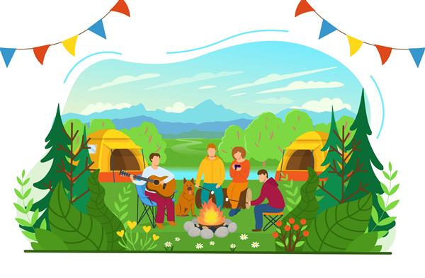 کمپینگ تابستانی منظره جنگلی با گردشگران در اطراف آتش گردشگران در حال نواختن گیتار نوشیدن چای داغ و برشته کردن مارشمالو هستند تصویر برداری مسطح به سبک کارتونی