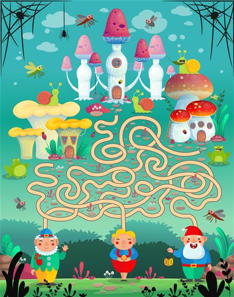 تصویر برداری بازی سرگرم کننده هزارتو پیچ و خم برای کودکان کدام کوتوله در کدام خانه قارچ زندگی می کند؟
