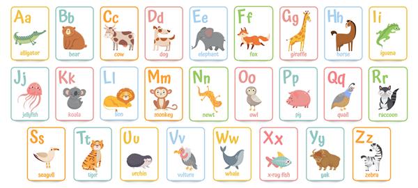 کارت های حروف الفبا برای بچه ها کارت آموزش پیش دبستانی آموزش abc با مجموعه تصویرسازی کارتونی حیوانات و حروف