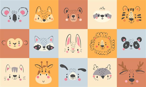 پرتره های زیبا از حیوانات مجموعه تصویرسازی کارتونی روباه بامزه و کوالا صورت حیوانات شاد خرس خندان نقاشی شده با دست