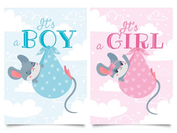 کارت های پسر و دختر آن است برچسب دوش کودک با موش زیبا مجموعه تصویری کارتونی وکتور کودکان موش