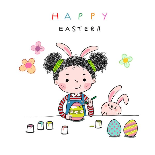 تصویر کشیده شده با دست از دختر بچه ای که تخم مرغ های عید پاک را نقاشی می کند