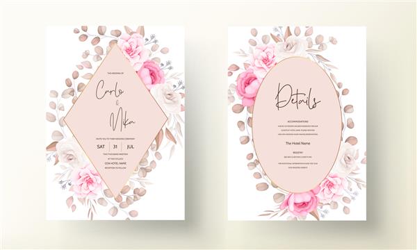 کارت دعوت عروسی با طراحی دستی هلویی و گل قهوه ای