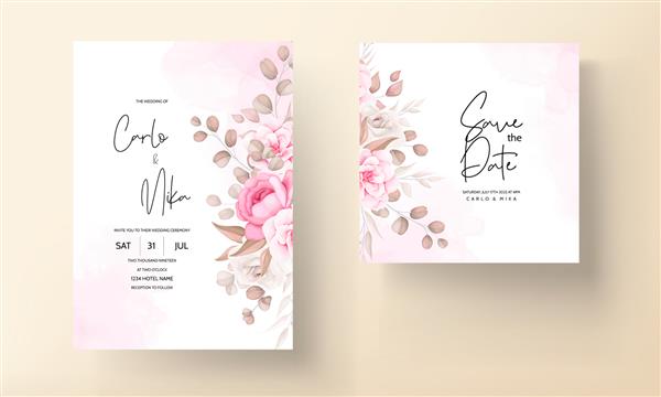 کارت دعوت عروسی با طراحی دستی هلویی و گل قهوه ای