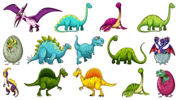 مجموعه ای از شخصیت های کارتونی دایناسورهای مختلف جدا شده در پس زمینه سفید