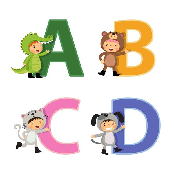 الفبای انگلیسی با بچه ها در لباس حیوانات حروف a تا d