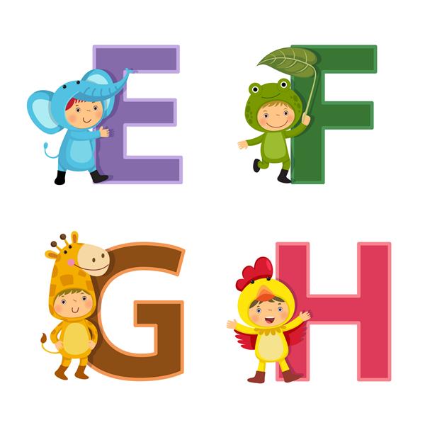 الفبای انگلیسی با بچه ها در لباس حیوانات حروف e تا h