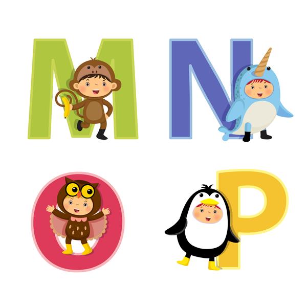 الفبای انگلیسی با بچه ها در لباس حیوانات حروف m تا p