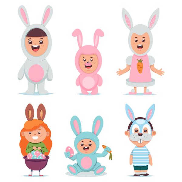 مجموعه شخصیت های کارتونی وکتور لباس اسم حیوان دست اموز عید پاک پسران و دختران ناز با کت و شلوار و ماسک خرگوش ایزوله پوشیده شده اند