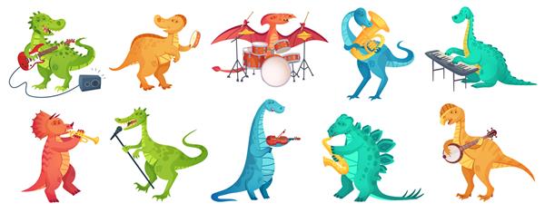 دایناسور موسیقی پخش می کند مجموعه تصویرسازی گیتار نوازنده گیتار درامر دینو و دایناسورهای کارتونی نوازندگان راک استار تیرانوزاروس