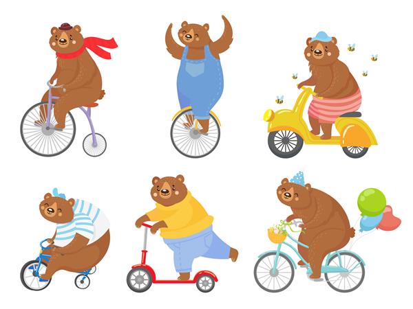 کارتونی خرس دوچرخه سوار خرس ها روی سه چرخه تک چرخه و دوچرخه یکپارچهسازی با سیستمعامل کودکان مجموعه تصاویر دوچرخه سواری حیوانات دوچرخه و اسکوتر