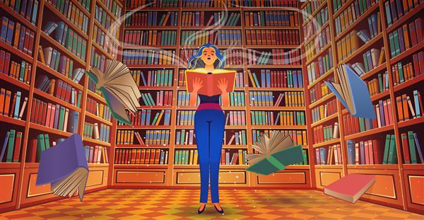 قفسه های کتاب کتابخانه با تصویر کارتونی یک دختر و کتاب های پرواز