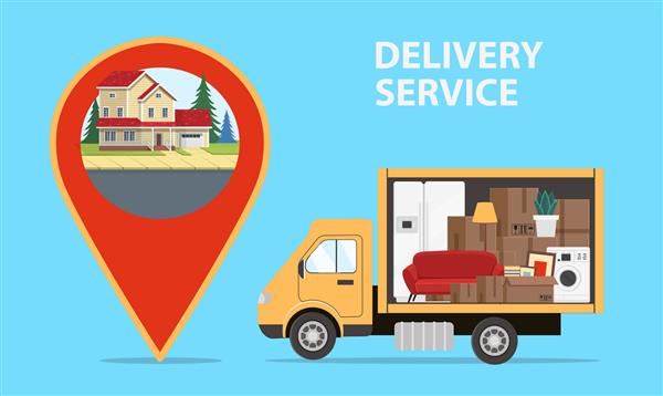 کامیون چیزها را به نماد مکان نقشه بزرگ با مفهوم خدمات تحویل خانه در داخل خانه برای شرکت حمل و نقل برای تصویر جابجایی به سبک مسطح حمل می کند