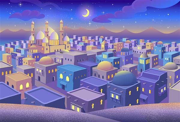 پانورامای شهر باستانی عربی با خانه ها و مسجد در شهر آبی شب به سبک کارتونی