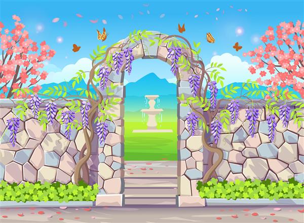 دیوار آجری با طاق در با پارک بهار ویستریا با درختان گلدار چشمه پروانه و ویستریا
