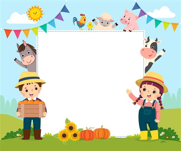 الگو با کارتون بچه های کشاورز و حیوانات مزرعه