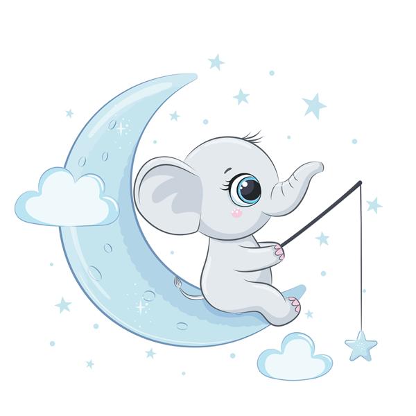 بچه فیل ناز با ماه و ستاره تصویر برداری