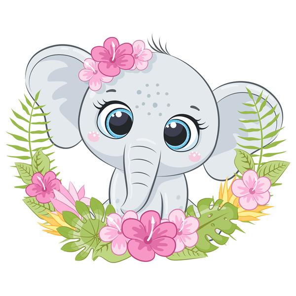 فیل کوچک ناز با تاج گل های هاوایی تصویر برداری کارتونی