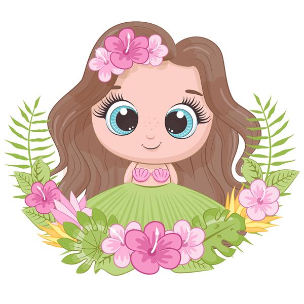 دختر کوچک ناز با تاج گل های هاوایی تصویر برداری کارتونی