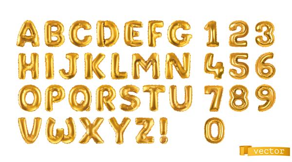 مجموعه سه بعدی بادکنک های طلا حروف الفبا و اعداد