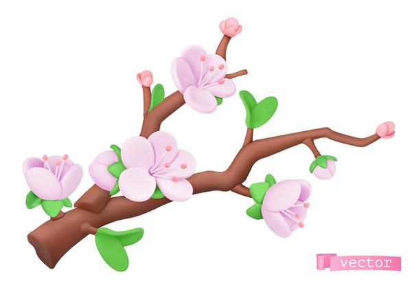 شاخه گیلاس با گل های صورتی به صورت سه بعدی