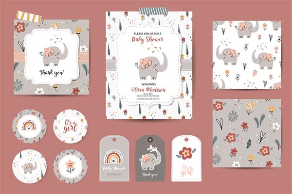 مجموعه ای از دعوت نامه حمام نوزاد کارت های تشکر برچسب ها و الگوهای بدون درز الگوهایی با فیل های زیبا