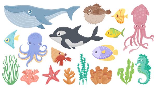 کارتونی حیوانات اقیانوس نهنگ آبی بامزه ماهی جوجه تیغی بامزه و اورکا
