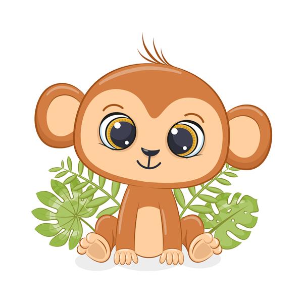 میمون کوچولوی ناز روبروی شاخ و برگ های استوایی نشسته است