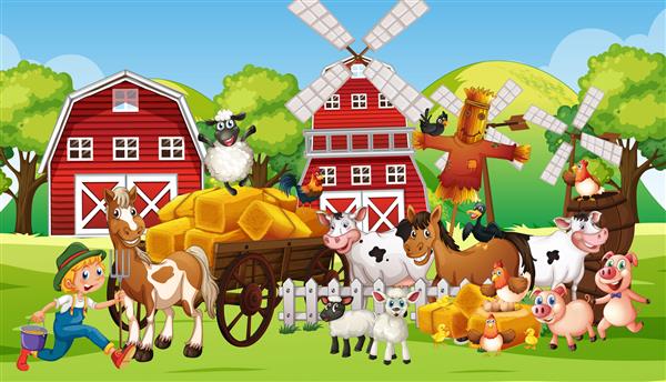 صحنه مزرعه با بسیاری از حیوانات مزرعه