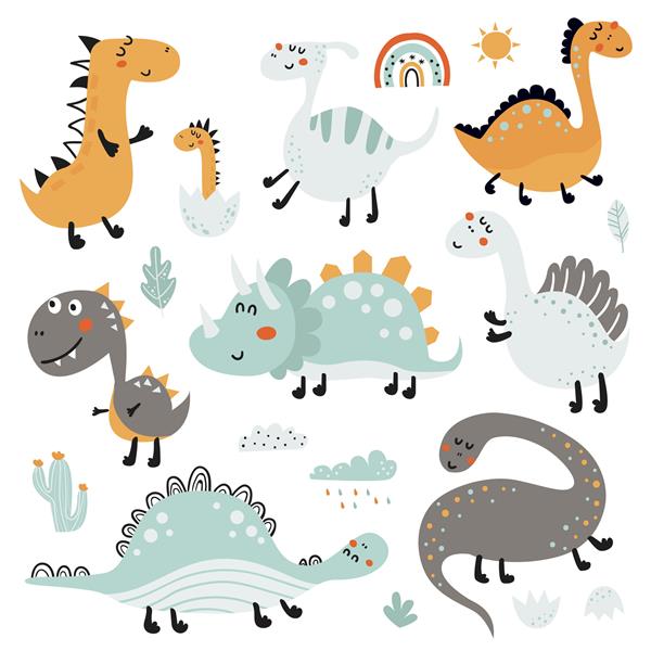 مجموعه ای از دایناسورهای زیبا جدا شده روی سفید