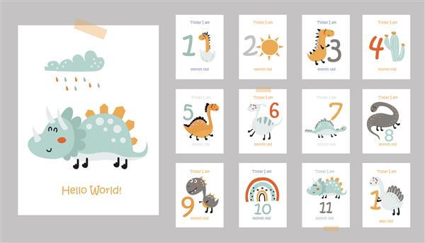 کارت های کودک ماهانه با دایناسورهای زیبا