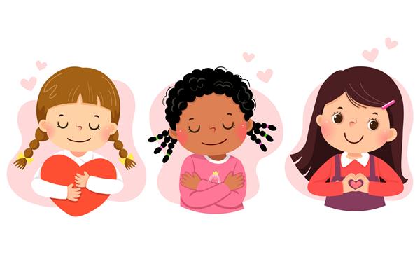 مجموعه کارتونی از دختر بچه هایی که خودشان را در آغوش می گیرند عشق به خود مراقبت از خود مفهوم مثبت شادی