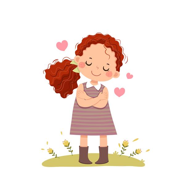 کارتون دختر موی مجعد قرمز کوچکی که خودش را در آغوش گرفته است مفهوم خودت را دوست داشته باش