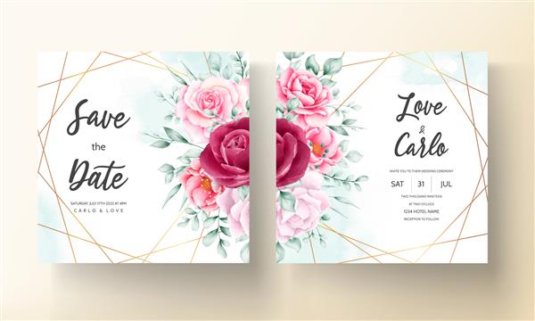 کارت دعوت عروسی با گل آبرنگ با دست زیبا
