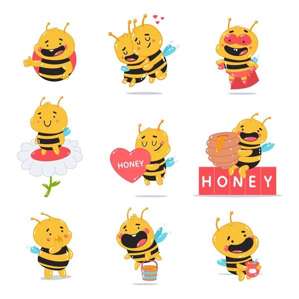 زنبور ناز با شخصیت های کارتونی عسلی جدا شده روی پس زمینه سفید